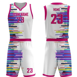Ensemble d'uniformes de basketball personnalisés pour adultes unisexes, blanc et rose, en jersey respirant en polyester avec transfert thermique, par Alexandria Industries - Product Image 1