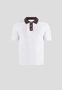 Polo en coton blanc pour homme, manches courtes, couleur unie, coupe décontractée, col piqué tricoté avec bordure et boutons marron - Product Image 2