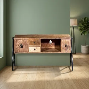 Meuble console multimédia industriel en mosaïque avec 4 tiroirs et 1 étagère, pieds en bois - Product Image 4