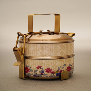 Floral brass tiffin <b>box</b>, 2 tier cream vintage lunch <b>box</b>, traditional patterned flower metal food carrier, at wholesale prices. - Product Image 1