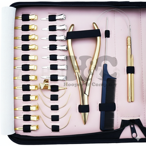 Kit de Herramientas para Extensiones de Cabello en Oferta, Alicates Dorados en Forma de L de Acero Inoxidable, Alicates de Bucle para Cinta Adhesiva, Kit Comercial para Cabello con Estuche Rosa y Agujas - Product Image 2