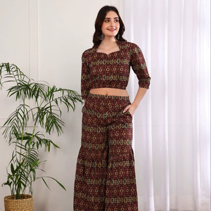 Cotton Cambric Floral Printed Anarkali Kurta Crop <b>Top</b> Flared Pants Co-Ord Set Women's Summer Ethnic Quick Dry Sun Protection - Product Image 1