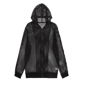 Hooded Mesh Zipper Jacket Unisex Solid <b>Navy</b> Blue Full Sleeve Breathable Polyester Summer Adult Regular Fit - Product Image 4