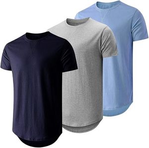 Camiseta de Manga Corta para Hombre, Cuello Redondo, Color Sólido, Corte Regular, Tejido de Punto, Diseño Liso, Largo Extendido, Gris, Azul Marino - Product Image 1