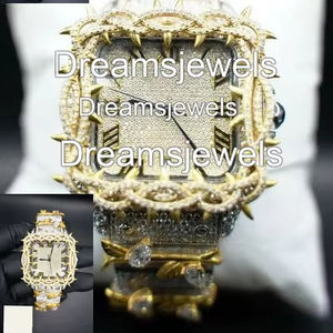 Montre plaquée or 14 carats en acier inoxydable avec cadran en verre, sertie de pierres, pour hommes et femmes, cadeau premium style Hip Hop - Product Image 1