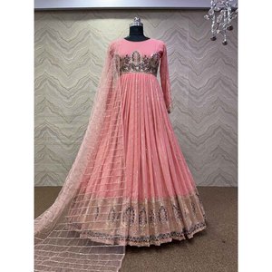 VESTIDO DE TRABAJO DE SECUENCIA BORDADA GEORGETTE CON DUPATTA ROSA - Product Image 1