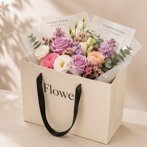Sac cadeau en papier ivoire biodégradable Flower Studio EcoRev avec poignées en ruban, côtés à soufflets de luxe, pour fleurs, artisanat, réutilisable - Product Image 1