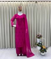 Salwar Kameez rouge brodé en polyester pour femme, coupe ample traditionnelle, longueur ras du sol, tenue ethnique style mariage Inde Pakistan