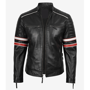 2026 Men's Black Cow Hide Leather <b>Jacket</b> With <b>Red</b> White Stripes Stand Collar Zipper Closure Slim Fit Regular Length Winter Wear - Product Image 4