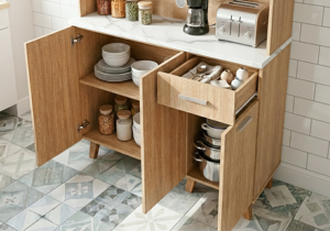 Meuble de cuisine moderne en mélamine stratifiée Essence Malaysia, étagère de boulanger, support pour micro-ondes, finition chêne blanc marbré, acrylique - Product Image 4