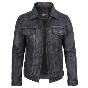 Veste en cuir véritable lavé pour homme 5K, col mandarin, fermeture éclair, coupe ajustée, style moto, coupe-vent, antibactérienne, doublure en sherpa - Product Image 1