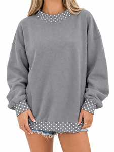 Ladies Mockneck <b>Sweat</b> <b>Top</b> Polka Dot Neck Trim Polka Dot Bottom Band Relaxed Long Sleeve Fit Modern Casual Apparel - Product Image 6