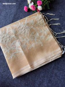 Best Fabric Banarasi Checks with Embroidery Floral Applique work-Rich Zari Woven Pallu with Tassels <b>Saree</b>-<b>Blouse</b> Indian Exporter - Product Image 2