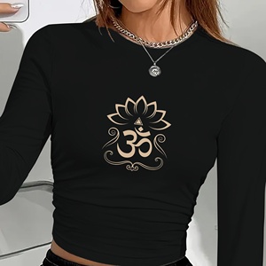 <b>Pink</b> <b>Women's</b> Long Sleeve Y2K Crop <b>Top</b> With Om Lotus Print Knitted Spandex Polyester Crew Neck Regular Fit All Seasons - Product Image 4