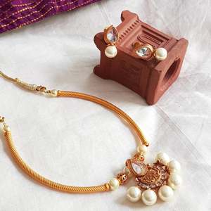 Bridal Fine Jewelry Set Matte Short Necklace with Golden Pearls & American Diamond Earrings for Girls - Product Image 1