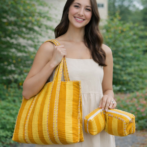 Bolso de Playa Mediano Abierto de Verano, Estilo Bohemio, Acolchado, de Algodón Hecho a Mano en India, con Asa para el Hombro y Rayas, Ecológico - Product Image 2