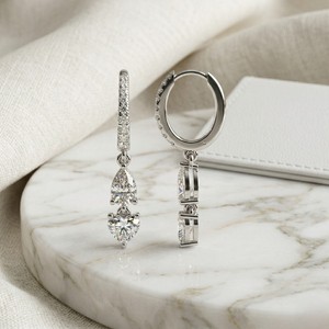 1.40 CTW Pearand Round and Heart Diamond Two-<b>Stone</b> Linear Huggie Dangle Earrings - Product Image 3