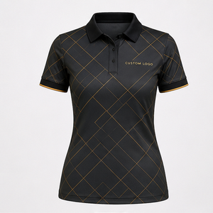 เสื้อโปโลแขนสั้นลายตารางเพชรสีดำทองสำหรับผู้หญิง พิมพ์ลายแบบซับลิเมชั่น แห้งเร็ว เหมาะสำหรับกีฬากอล์ฟ พร้อมโลโก้แบบกำหนดเอง - Product Image 1