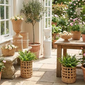 Ensemble de pots à fleurs et de supports en rotin, jardinières rustiques en osier pour intérieur et extérieur, finition naturelle - Product Image 2