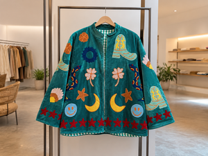Handmade Reversible Suzani Embroidered Woven <b>Velvet</b> <b>Jacket</b> for Women Boho Floral Pattern Winter Cotton Coat - Product Image 3