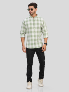 Chemise décontractée à carreaux verts pour homme, manches longues, col boutonné, 100% coton popeline, respirante, anti-UV, pour l'hiver - Product Image 1