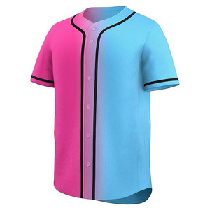 Maillot de baseball personnalisé unisexe à manches courtes, color-block rose et bleu, en polyester respirant, avec boutons sur le devant, pour toutes les saisons - Product Image 3