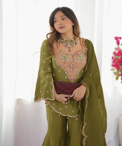 EID SPECIAL NEW ARRIVAL SHIMMER <b>SILK</b> EMBROIDERY WORK TOP PALAZZO WITH DUPATTA FESTIVE WEAR WHOLESALE PRICE ETHNIC GARMENT GREEN - Product Image 2