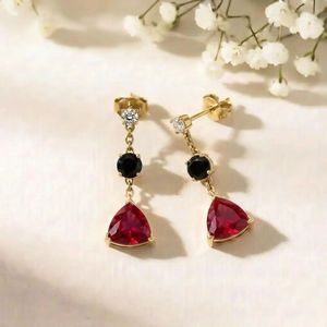 Pendientes de rubí talla trillón hechos a mano con gota de obsidiana negra y acento de circonita cúbica brillante, elegantes piedras preciosas de plata de ley 925 - Product Image 3