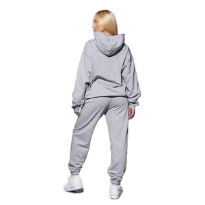 Women Plus Size Beige Cotton Tracksuit Set Hooded <b>Sweatshirt</b> Full Length Pants Side Pockets Casual Autumn Solid Color Loose Fit - Product Image 6