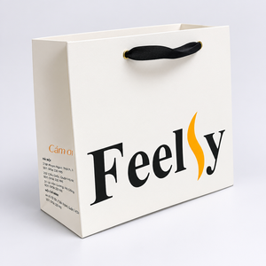 Custom Luxury <b>White</b> Square Bottom Paper Shopping <b>Bag</b> with Gold Foil Stamping and Ribbon Handles Made in Vietnam Factory - Product Image 3