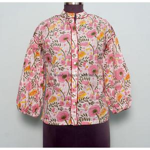 Hauts pour femmes Sweet Style 100% coton à imprimé floral, manches 3/4, col rond, tissu tricoté respirant et écologique, vêtements décontractés d'été - Product Image 1