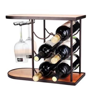 Estante para vinos vintage moderno de 6 botellas, base de hierro negro y madera, soporte de almacenamiento de bebidas para encimera de cocina, decoración para bar en casa - Product Image 3