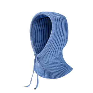 Black Ribbed Knit Balaclava Drawstring Hooded Scarf Beanie Windproof Winter Headwear for Outdoor Travel - Product Image 2