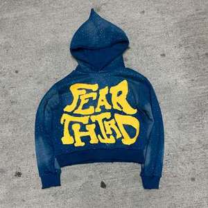 Sudadera con Capucha Corta y Holgada para Hombre, con Logotipo Personalizado Bordado, 100% Algodón, Estilo Hip Hop, Streetwear, con Pedrería y Parches Desgastados - Product Image 1