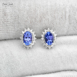 Pendientes de Oro Sólido de 14k con Tanzanita Natural de 6x4mm y Halo de Diamantes Redondos de 1.1mm, Envío Rápido - Product Image 4