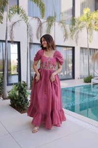 Latest Designer Readymade Gown in Mal Chanderi with Beads Embroidery Work for Party and Festive Occasion for Women Fancy Wear - Product Image 5