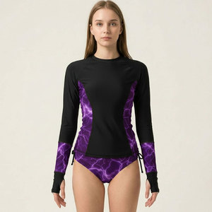 Women <b>Athletic</b> Rash Guard Set Long Sleeve Swim Top with Side Tie Bikini Bottom UV Protection - Product Image 1