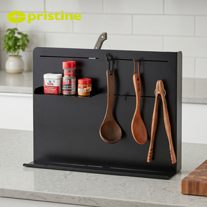 Minimalist Metal Kitchen Organizer Spice <b>Rack</b> With Utensil Holder Rectangle Shape Black Matte Finish - Product Image 5