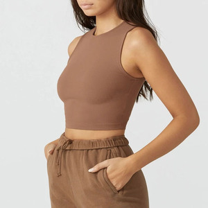 Tops cortos de algodón al por mayor, camisetas sin mangas, chalecos, camisetas para mujer, tops cortos sin mangas de color liso - Product Image 5