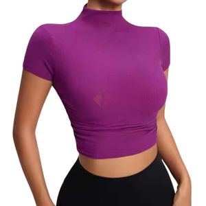 Top de Yoga Acanalado para Mujer, Corte Ajustado, Cuello Alto Simulado, Manga Corta, Top Corto, Nylon Spandex, Ropa Deportiva para Gimnasio, Fabricante OEM Personalizado - Product Image 5