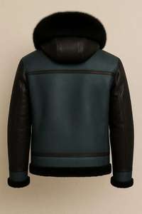 Custom Men’s Two-Tone <b>Shearling</b> <b>Bomber</b> <b>Jacket</b> Genuine Sheepskin Leather Coat Winter Warm Hooded Aviator <b>Jacket</b> with Fur Trim - Product Image 5