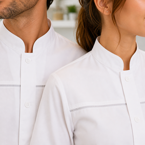 Veste de chef en fibre de bambou, anti-liquide, rafraîchissante, coupe classique, manches courtes, col mandarin, qualité supérieure, pour hôtel. - Product Image 3