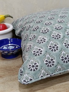 100% Cotton Slub Olive Green Buti Vintage Zipper Closure <b>Cushion</b> Cover Pillow Real Hand Block Printed Front <b>Back</b> 45x45cm - Product Image 3