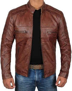 <b>Men's</b> Brown PU Casual Garment Dyed Moto Jacket <b>Turtleneck</b> Collar Zipper Closure Regular Fit Winter Style - Product Image 1