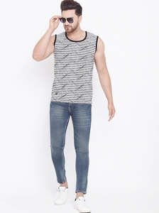 Camiseta sin mangas a rayas para hombre, cuello redondo, informal, transpirable, de punto, de algodón - Product Image 2