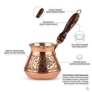 Cafetera Turca Cezve de Cobre Martillado Hecha a Mano con Mango Ergonómico de Madera y Revestimiento de Estaño, Cafetera Griega Briki para Estufa - Product Image 2