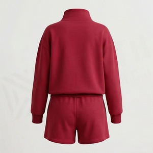 Conjunto de Suéter de Cuello Alto Rojo de 2 Piezas para Mujer, Pantalones Cortos Casuales de Corte Holgado por Encima de la Rodilla con Bolsillos, Color Sólido, Ropa de Otoño - Product Image 2