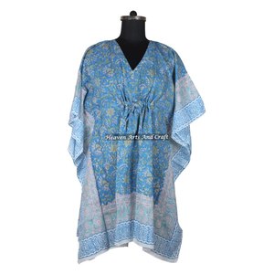 100% Cotton Women Sleepwear Hand Block Printed Kaftan Dress KFCS154 Light Weight Women Casual Occasion Wear Short Caftan Dresses - Product Image 5