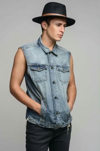 Gilet en jean délavé pour homme, col rabattu, boutons sur le devant, poches, style streetwear décontracté, coupe classique, printemps - Product Image 2