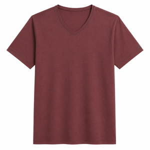 Camiseta de Algodón Personalizada Color Granate con Cuello en V y Detalle de Costura en Contraste, Manga Corta, Lisa, Ropa de Verano para Hombre, Venta al Por Mayor - Product Image 1
